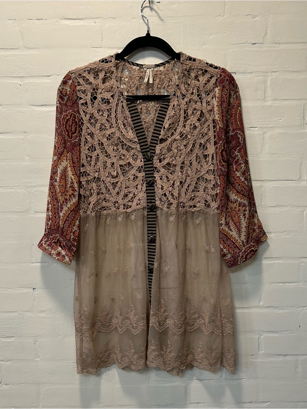 Gimmicks by BKE Boho Crochet Lace Mesh Tunic Cardigan Striped Mixed Media M